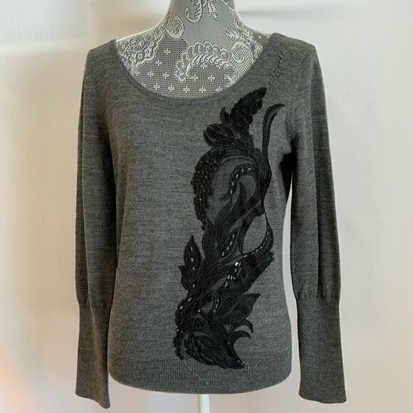 Anthropologie Med PETITE Angel of the North Charcoal & Black Embroidered Sweater - Picture 1 of 11